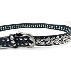 Vintage 80s Belt Leather Studs Zirconia Crystal 90 cm Silver Color Buckle 1”
